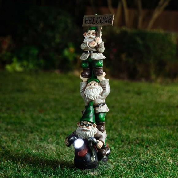 Glitzhome Glitzhome 25.5"H Polyresin Stacked Riding Gnome Garden Statue With Solar Powered Light