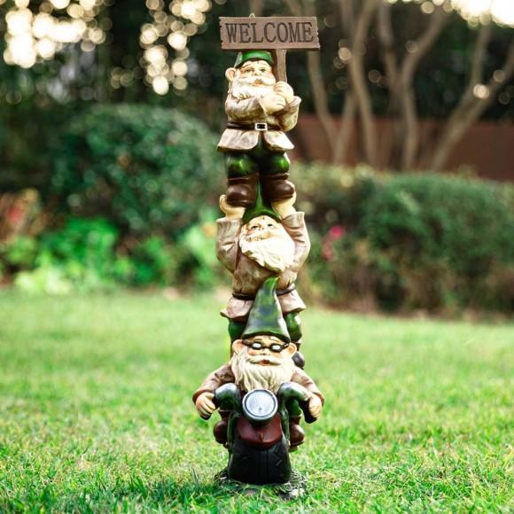 Glitzhome Glitzhome 25.5"H Polyresin Stacked Riding Gnome Garden Statue With Solar Powered Light