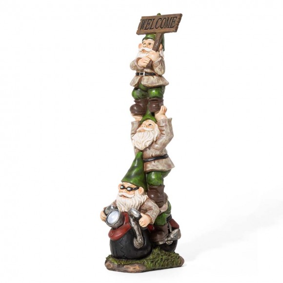 Glitzhome Glitzhome 25.5"H Polyresin Stacked Riding Gnome Garden Statue With Solar Powered Light