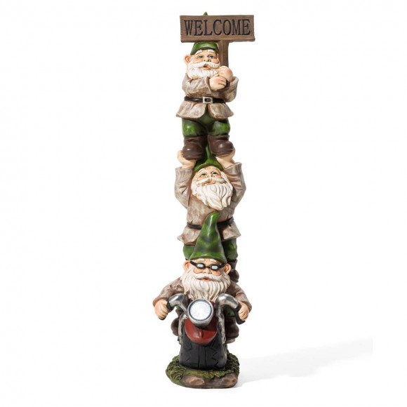 glitzhome Glitzhome 25.5"H Polyresin Stacked Riding Gnome Garden Statue with Solar Powered Light