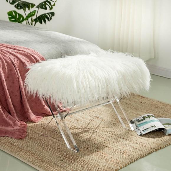 Glitzhome Glitzhome 25.6"L White And Clear Faux Fur Upholstered Bench With Acrylic X-Leg