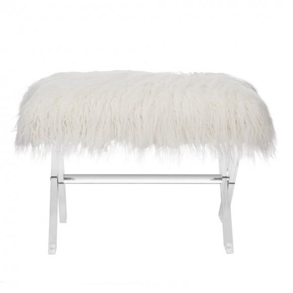 Glitzhome Glitzhome 25.6"L White And Clear Faux Fur Upholstered Bench With Acrylic X-Leg