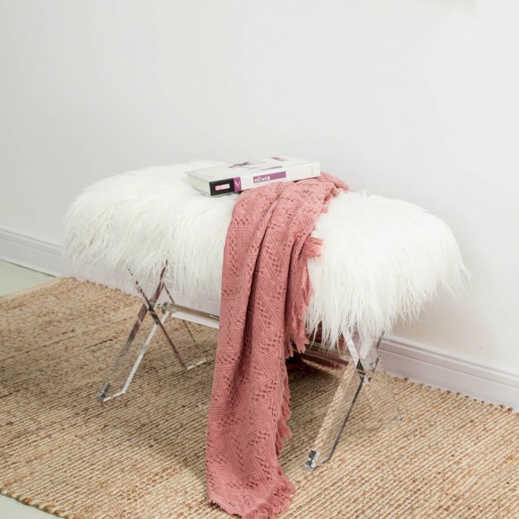 Glitzhome Glitzhome 25.6"L White And Clear Faux Fur Upholstered Bench With Acrylic X-Leg