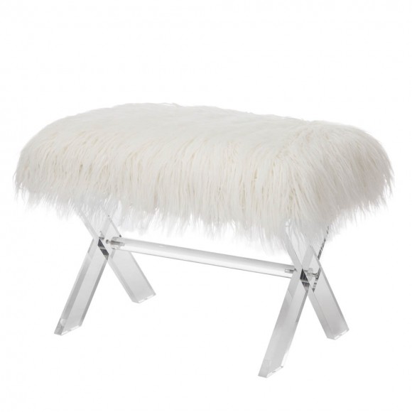 glitzhome Glitzhome 25.6"L White and Clear Faux Fur Upholstered Bench with Acrylic X-Leg