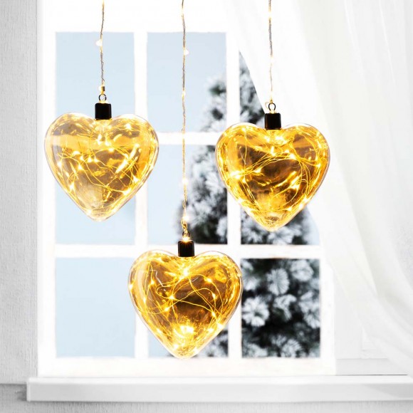 Glitzhome Glitzhome 25.75"H 3 Piece Glass Heart Ornaments With String Lights