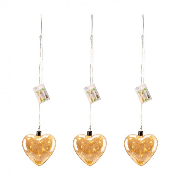glitzhome Glitzhome 25.75"H 3 Piece Glass Heart Ornaments with String Lights