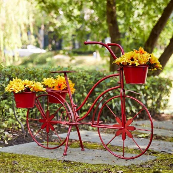 Glitzhome Glitzhome 25.98" H Hand Painted Red Metal Standing Bicycle Plant Stand
