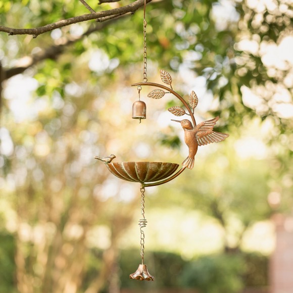 Glitzhome Glitzhome 25"H Metal Faux Copper Patina Finish Hummingbird Hanging Birdfeeder(KD)