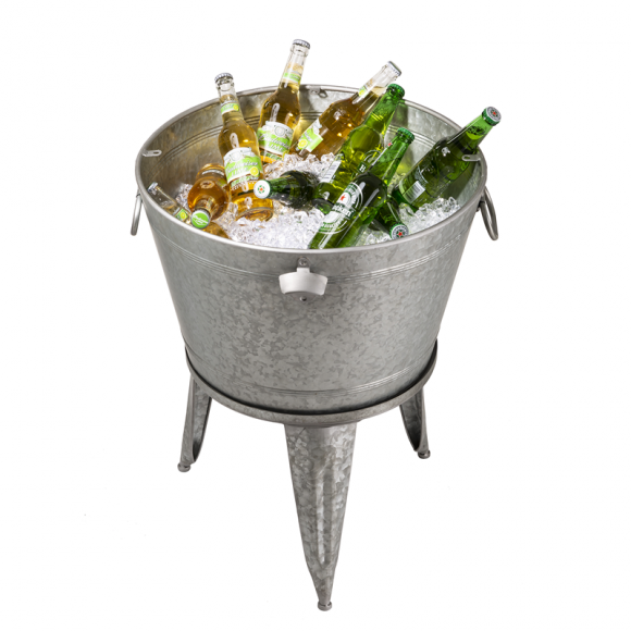 Glitzhome Glitzhome 26.29"H Galvanized Beverage Tub With Metal Stand Or Accent Table With Firwood Lid