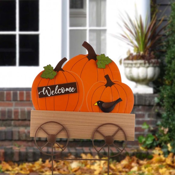Glitzhome Glitzhome 26.38"H Fall Metal/Wooden Pumpkin Cart Yard Stake/Hanging Decor
