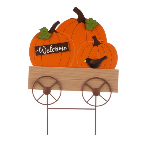 glitzhome Glitzhome 26.38"H Fall Metal/Wooden Pumpkin Cart Yard Stake/Hanging Decor