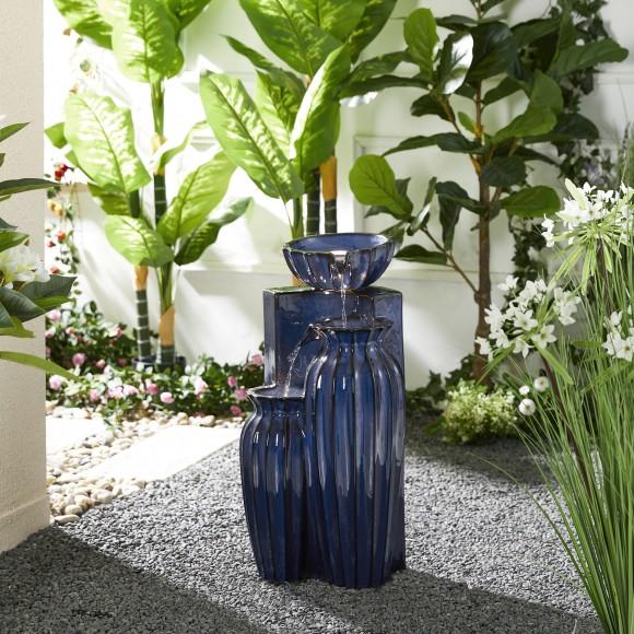 Glitzhome Glitzhome 26.75"H 3-Tiered Cobalt Blue Fluted Texture Ceramic Outdoor Floor Fountain With Pump And LED Light (KD)