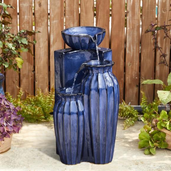 Glitzhome Glitzhome 26.75"H 3-Tiered Cobalt Blue Fluted Texture Ceramic Outdoor Floor Fountain With Pump And LED Light (KD)