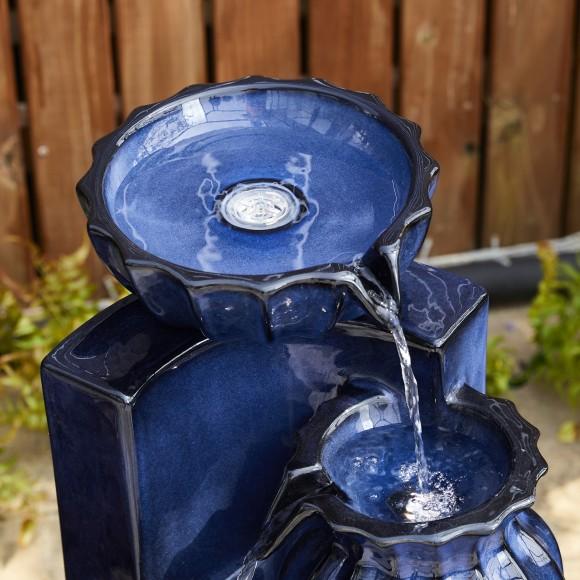 Glitzhome Glitzhome 26.75"H 3-Tiered Cobalt Blue Fluted Texture Ceramic Outdoor Floor Fountain With Pump And LED Light (KD)
