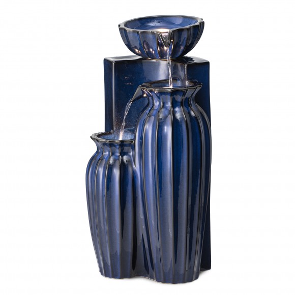 glitzhome Glitzhome 26.75"H 3-Tiered Cobalt Blue Fluted Texture Ceramic Outdoor Floor Fountain with Pump and LED Light (KD)