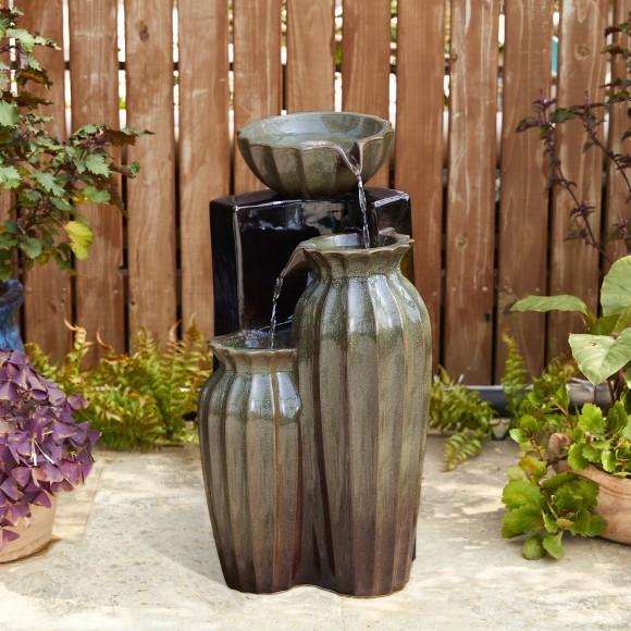 Glitzhome Glitzhome 26.75"H 3-Tiered Olive Green And Brown Reactive Glaze Fluted Textured Ceramic Outdoor Floor Fountain With Pump And LED Light (KD)