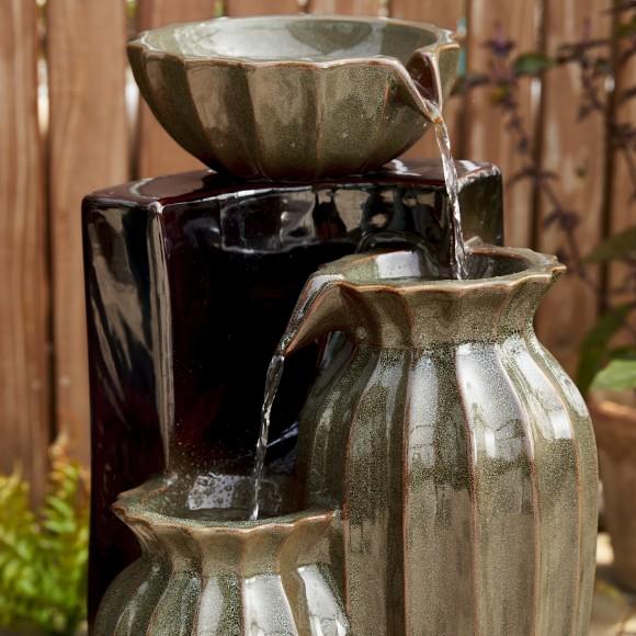 Glitzhome Glitzhome 26.75"H 3-Tiered Olive Green And Brown Reactive Glaze Fluted Textured Ceramic Outdoor Floor Fountain With Pump And LED Light (KD)