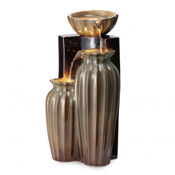 glitzhome Glitzhome 26.75"H 3-Tiered Olive Green and Brown Reactive Glaze Fluted Textured Ceramic Outdoor Floor Fountain with Pump and LED Light (KD)