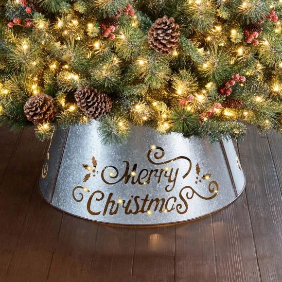 Glitzhome Glitzhome 26"D Galvanized "Merry Christmas" Cutout Metal Tree Collar With Light String