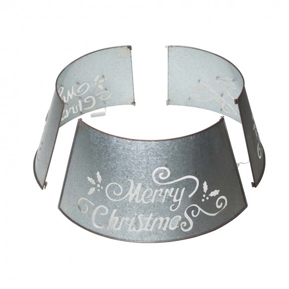 Glitzhome Glitzhome 26"D Galvanized "Merry Christmas" Cutout Metal Tree Collar With Light String