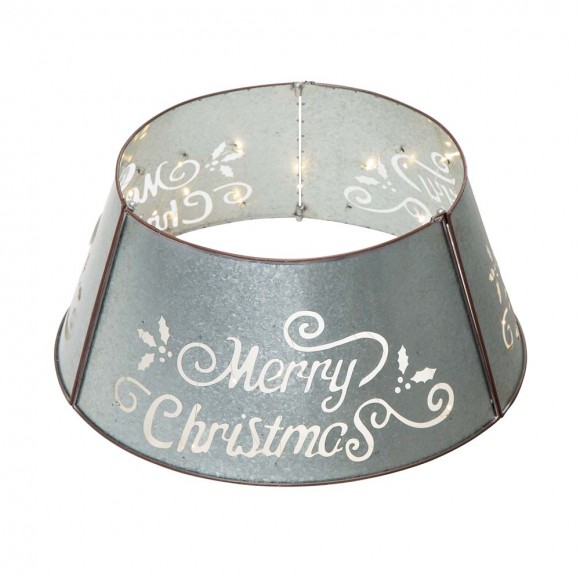 glitzhome Glitzhome 26"D Galvanized "Merry Christmas" Cutout Metal Tree Collar with Light String