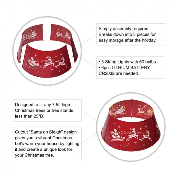 Glitzhome Glitzhome 26"D Galvanized Metal Santa On Sleigh Tree Collar With Light String