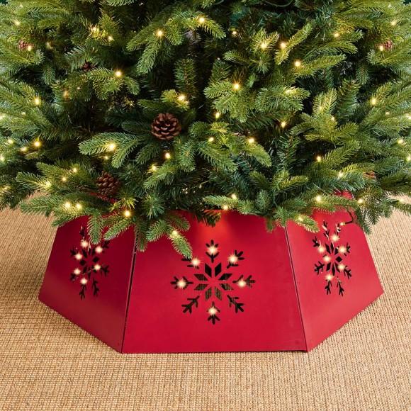 Glitzhome Glitzhome 26"D Red Hexagonal Metal Cutout Snowflake Tree Collar With Light String