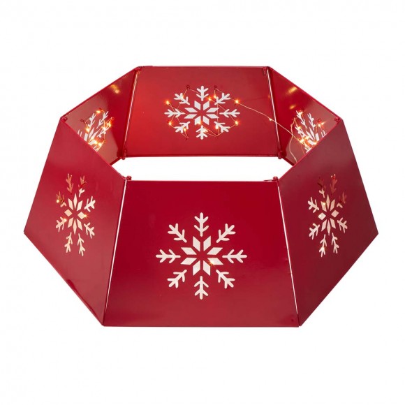 glitzhome Glitzhome 26"D Red Hexagonal Metal Cutout Snowflake Tree Collar with Light String