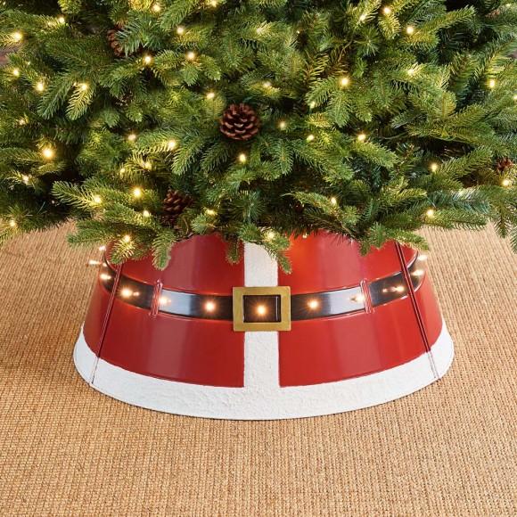 Glitzhome Glitzhome 26"D Red Metal Santa Belt Tree Collar With Light String