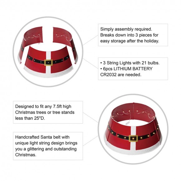Glitzhome Glitzhome 26"D Red Metal Santa Belt Tree Collar With Light String