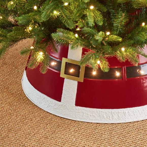Glitzhome Glitzhome 26"D Red Metal Santa Belt Tree Collar With Light String