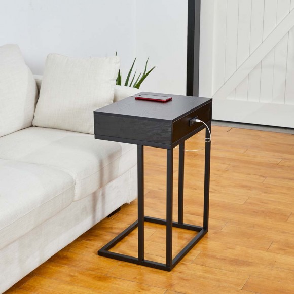 Glitzhome Glitzhome 26"H Modern Industrial Black Wood/Metal C Side & End Table With A Drawer And 2 USB Charging Ports
