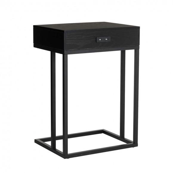 Glitzhome Glitzhome 26"H Modern Industrial Black Wood/Metal C Side & End Table With A Drawer And 2 USB Charging Ports