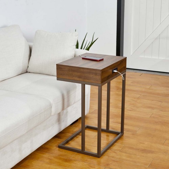 Glitzhome Glitzhome 26"H Modern Industrial Brown Wood/Metal C Side & End Table With A Drawer And 2 USB Charging Ports