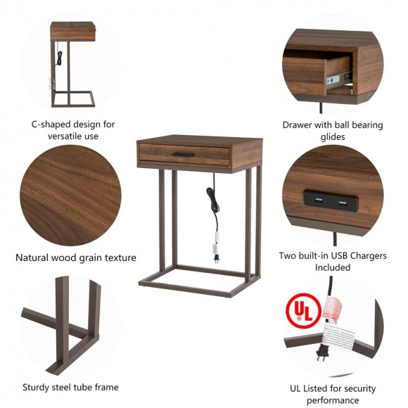 Glitzhome Glitzhome 26"H Modern Industrial Brown Wood/Metal C Side & End Table With A Drawer And 2 USB Charging Ports