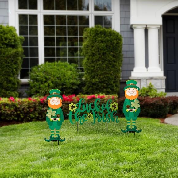 Glitzhome Glitzhome 26"H Set Of 3 St. Patrick's Metal Leprechaun And LUCK OF THE IRISH Yard Stake (KD)