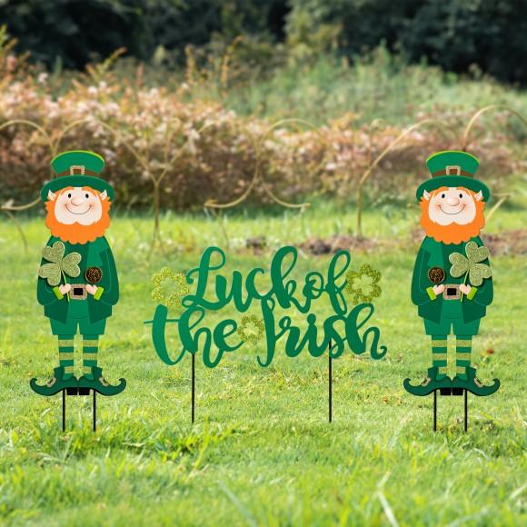 Glitzhome Glitzhome 26"H Set Of 3 St. Patrick's Metal Leprechaun And LUCK OF THE IRISH Yard Stake (KD)