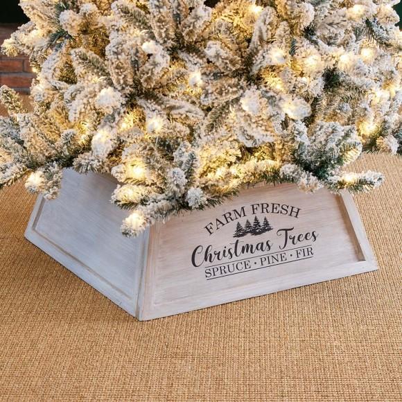 Glitzhome Glitzhome 26"L Washed White Wooden Trapezoid Farm Fresh Christmas Tree Collar