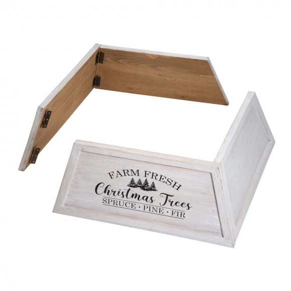 Glitzhome Glitzhome 26"L Washed White Wooden Trapezoid Farm Fresh Christmas Tree Collar