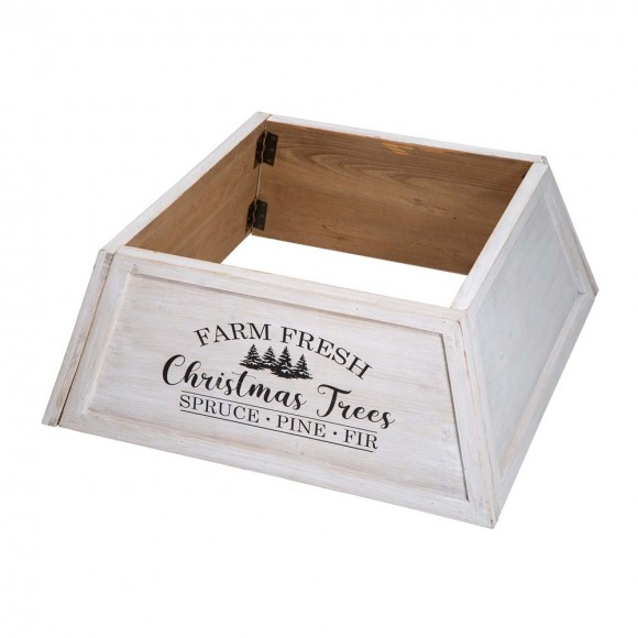 glitzhome Glitzhome 26"L Washed White Wooden Trapezoid Farm Fresh Christmas Tree Collar