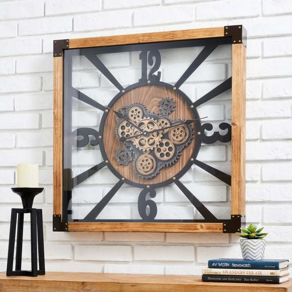 Glitzhome Glitzhome 27.17"H Industrial Wooden/Metal Square Gear Wall Clock With Tempered Glass