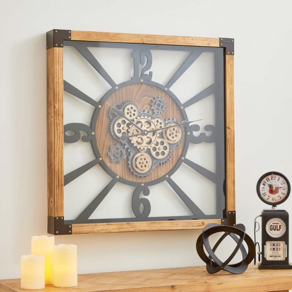 Glitzhome Glitzhome 27.17"H Industrial Wooden/Metal Square Gear Wall Clock With Tempered Glass