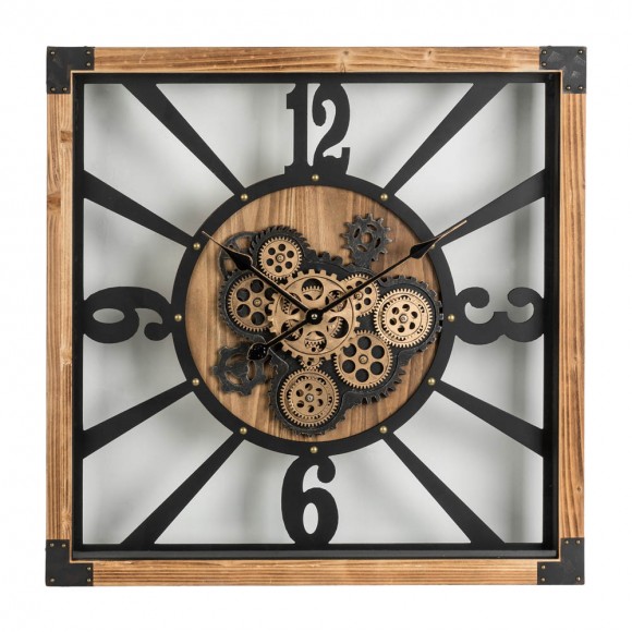 glitzhome Glitzhome 27.17"H Industrial Wooden/Metal Square Gear Wall Clock with Tempered Glass