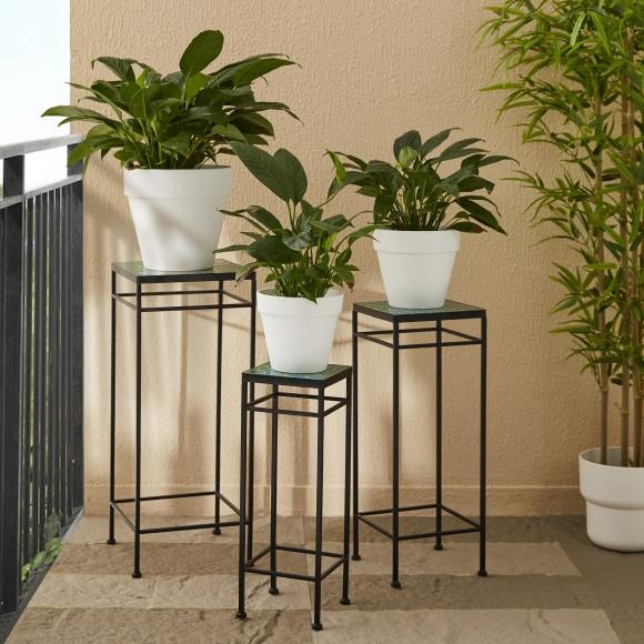 Glitzhome Glitzhome 27.25"/24"/20"H Set Of 3 Sqaure Nesting Planter Stands With Green Pattern Ceramic Tiles Table Top