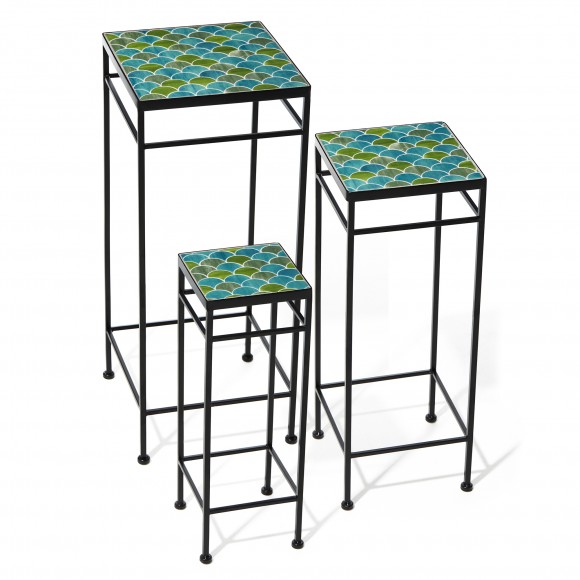 Glitzhome Glitzhome 27.25"/24"/20"H Set Of 3 Sqaure Nesting Planter Stands With Green Pattern Ceramic Tiles Table Top