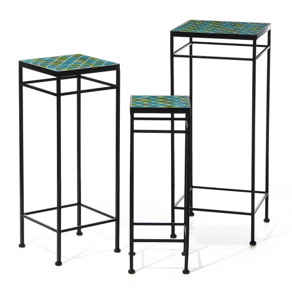 Glitzhome Glitzhome 27.25"/24"/20"H Set Of 3 Sqaure Nesting Planter Stands With Green Pattern Ceramic Tiles Table Top