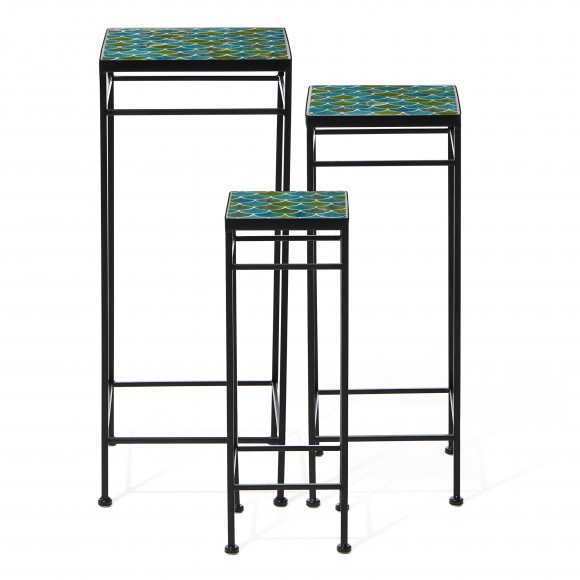 glitzhome Glitzhome 27.25"/24"/20"H Set of 3 Sqaure Nesting Planter Stands with Green Pattern Ceramic Tiles Table Top