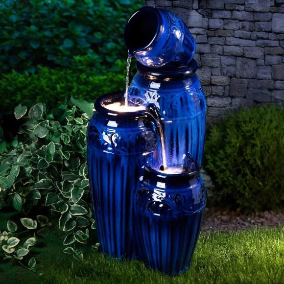 Glitzhome Glitzhome 27.25"H 3-Tier Cobalt Blue Embossed Pattern Ceramic Pots Fountain With Pump And LED Light