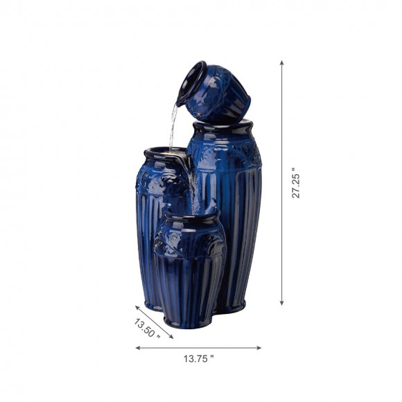 Glitzhome Glitzhome 27.25"H 3-Tier Cobalt Blue Embossed Pattern Ceramic Pots Fountain With Pump And LED Light