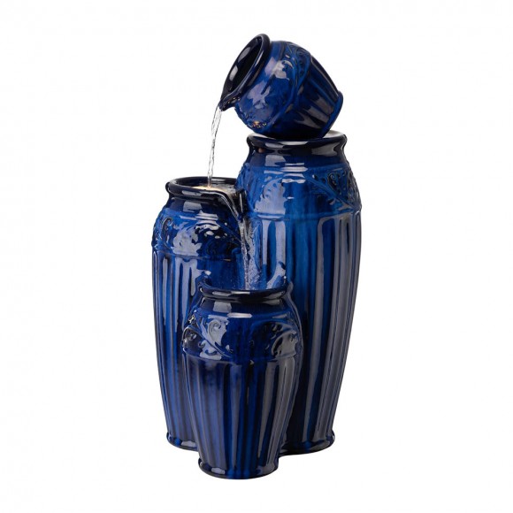 glitzhome Glitzhome 27.25"H 3-Tier Cobalt Blue Embossed Pattern Ceramic Pots Fountain with Pump and LED Light